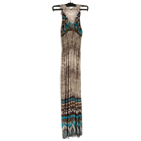 Boho Style Beige Brown Turquoise Blue Maxi Dress Lace Long Flowy Beach Vacation - Picture 7 of 16